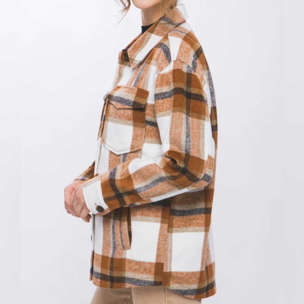 Love Tree Plaid Brown and White Button Up Shacket Sz S - Picture 6 of 12